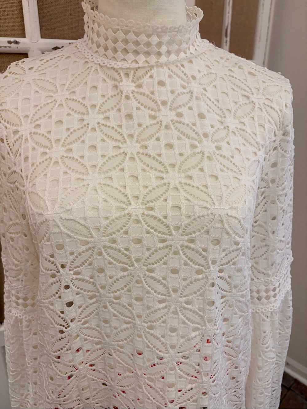 Pointelle Ivory Lace Mock Neck Bell Sleeve Romantic Boho Top Small Petite
